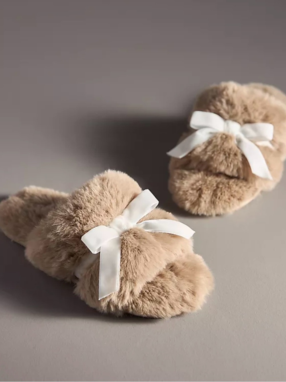 NWT Mauve Faux-Fur Open Toe Bow Slide Slippers in Taupe L= 10-11
